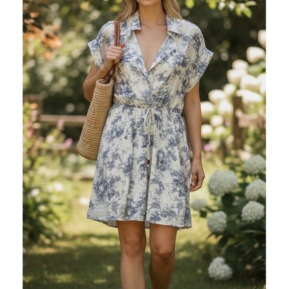 SHEIN Dresses & Skirts - Romantic Shirt Dress Womens 6 M Blue White Toile Print Button Mini Waist Tie